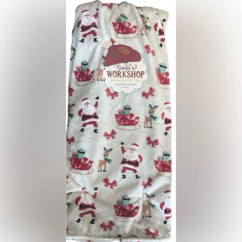 CHRISTMAS HOLIDAY PLUSH THROW BLANKET w/ SANTA SLEIGH BOWS REINDEER NEW